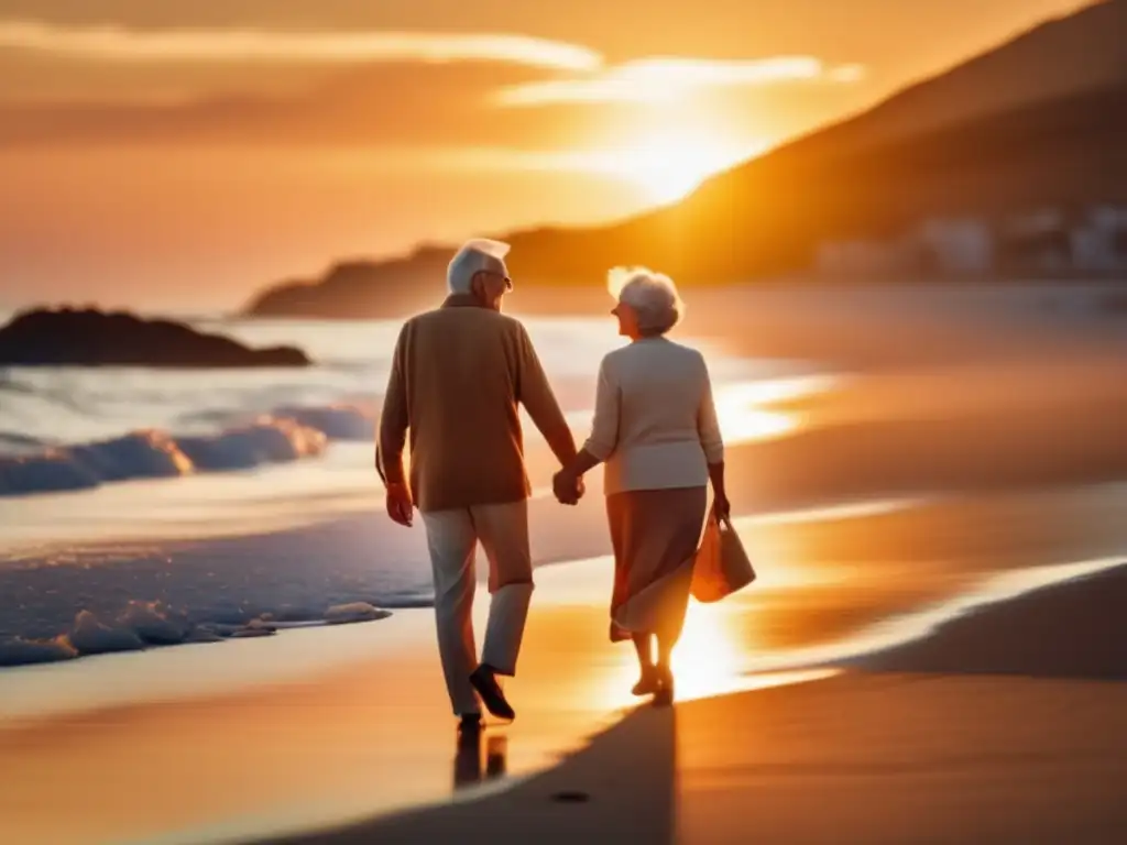 Pareja mayor disfrutando atardecer en playa Pareja mayor disfruta de la playa al atardecer