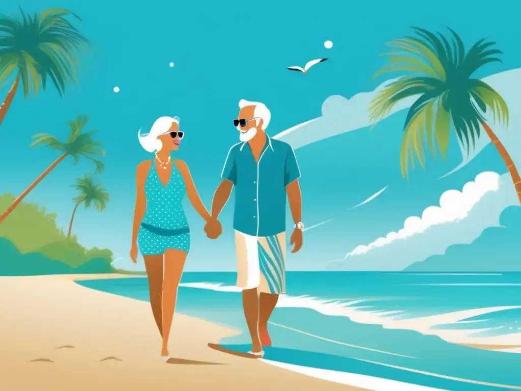 Pareja feliz disfrutando de la playa Pareja de ancianos disfrutando de la playa - Seguros de viaje para mayores
