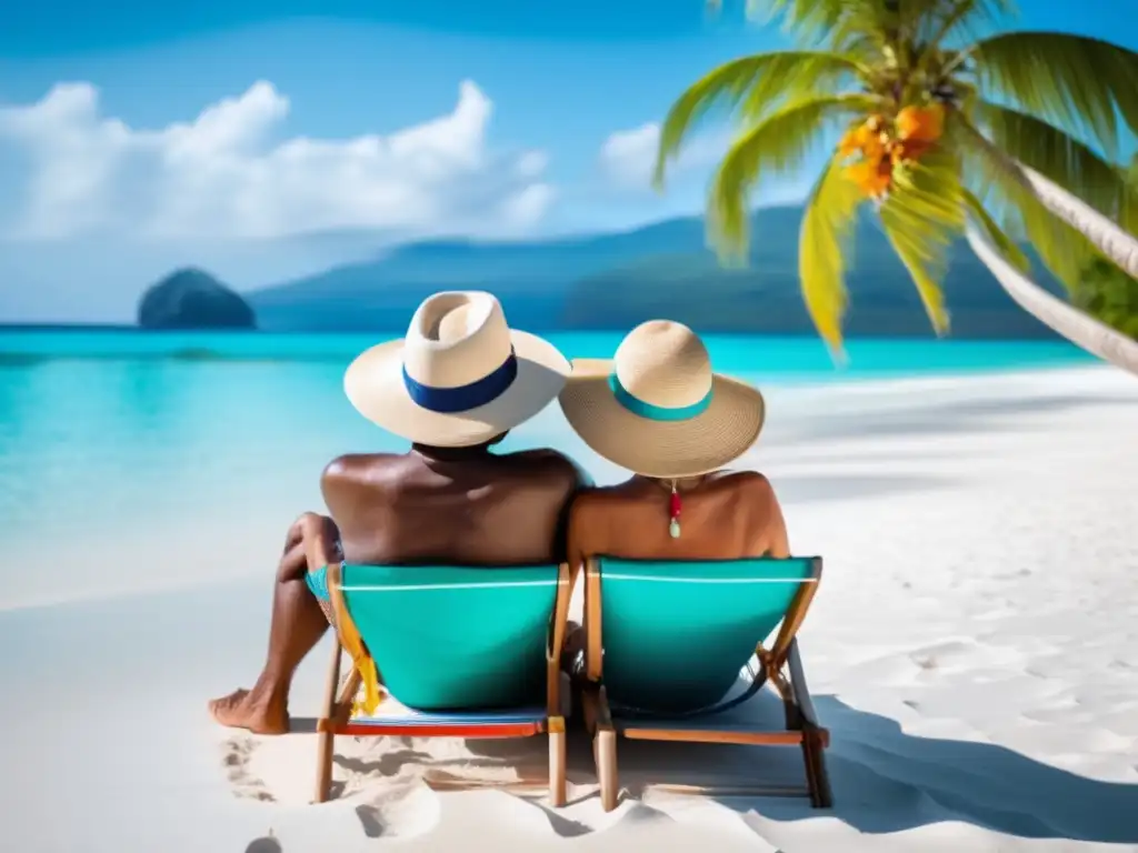 Feliz pareja disfrutando de la playa Pareja mayor disfrutando en playa paradisíaca - Seguro de viaje nacional para mayores