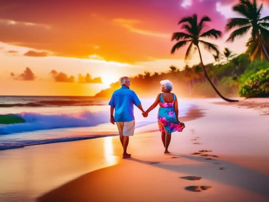 Pareja mayor disfrutando de la playa al atardecer Pareja senior disfrutando de viaje en la playa al atardecer