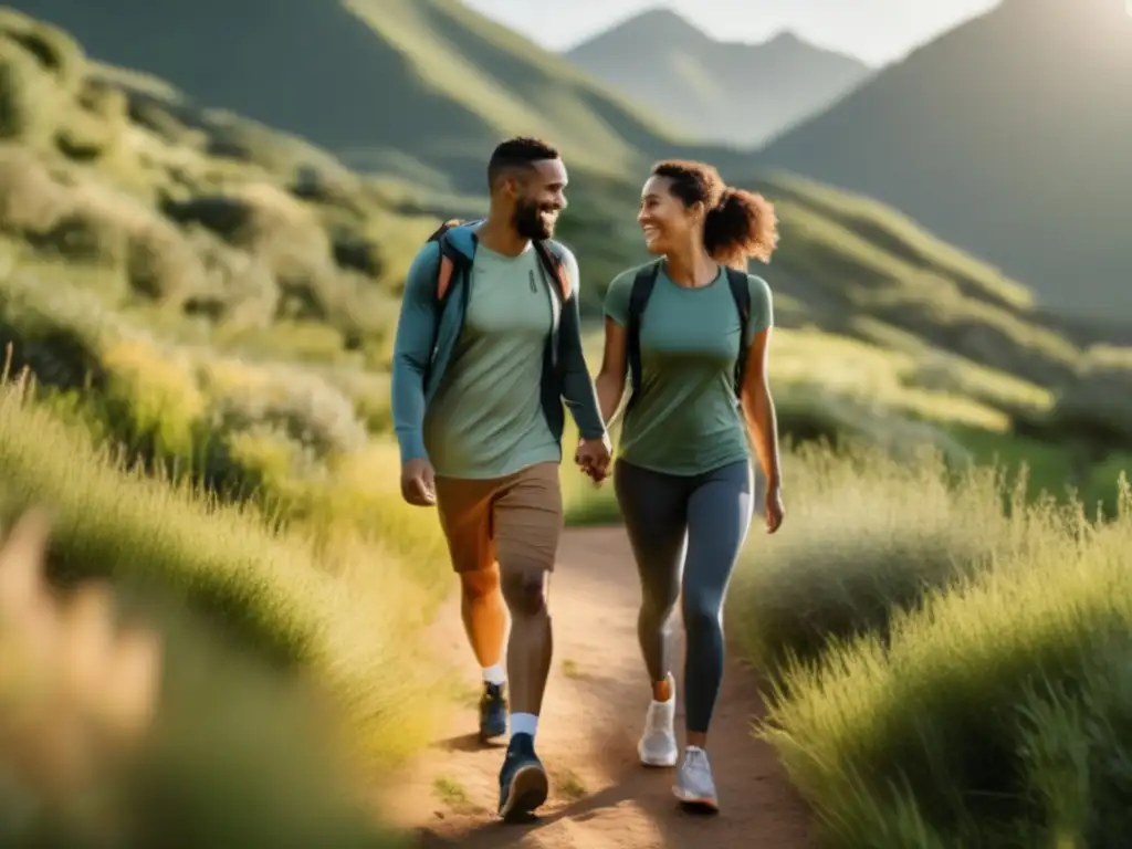 Pareja mayor sonriente caminando en sendero rodeado de naturaleza Pareja mayor sonriendo y caminando en sendero rodeado de naturaleza