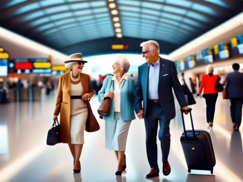 Pareja mayor disfrutando de viaje Pareja de ancianos en terminal de aeropuerto, transmitiendo empoderamiento y alegría en viajes de adultos mayores