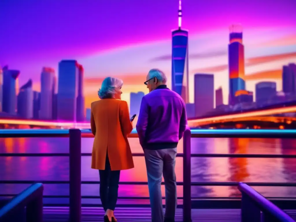 Consejos para viajero senior con smartphone: pareja explorando ciudad con smartphones, capturando recuerdos y conectando con seres queridos