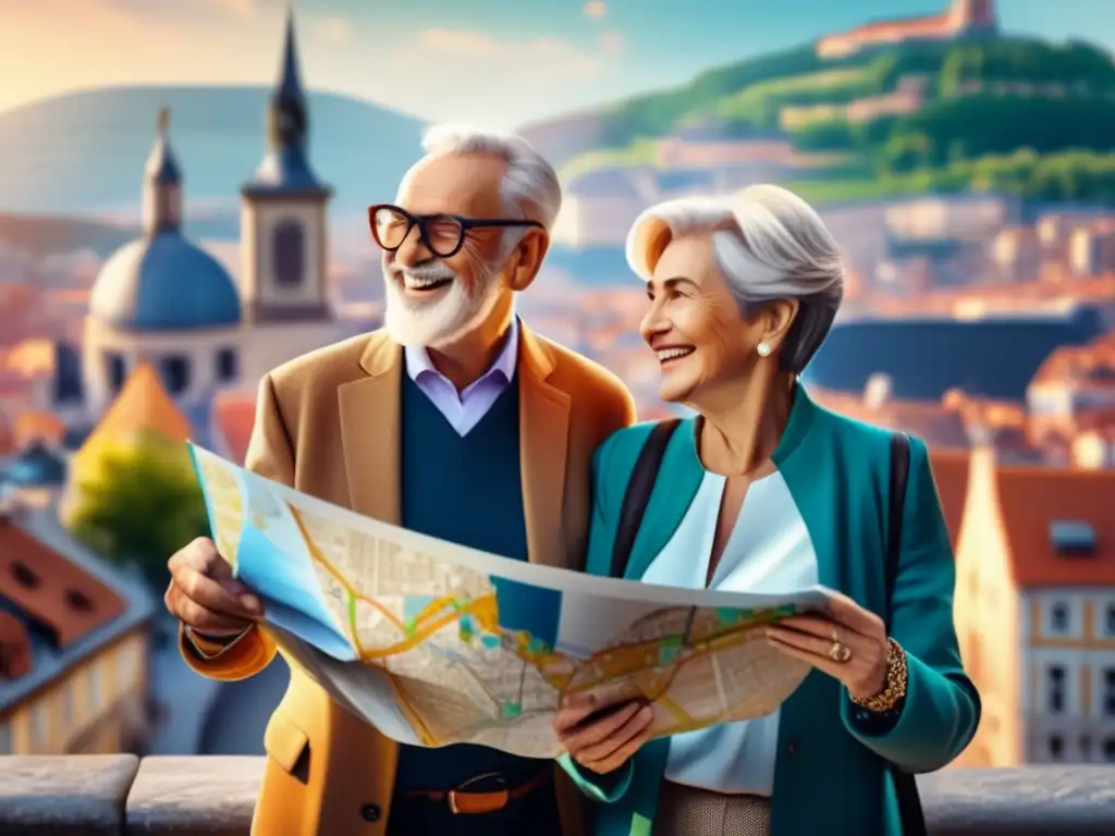 Pareja de mayores explorando una ciudad europea Pareja senior explorando una ciudad europea, transmitiendo alegría y aventura (Consejos documentación viajes seniors)