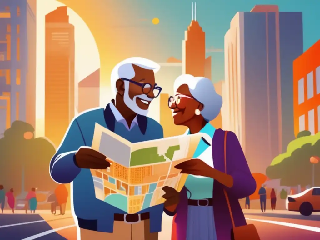 Pareja mayor preparada para viaje lingüístico: Desafíos y diversidad en ciudad moderna