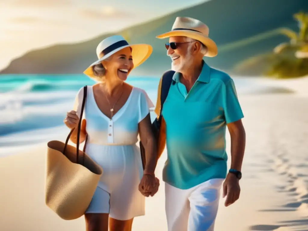 Pareja mayor feliz viajando con Seguros de viaje para mayores salud y bolsillo