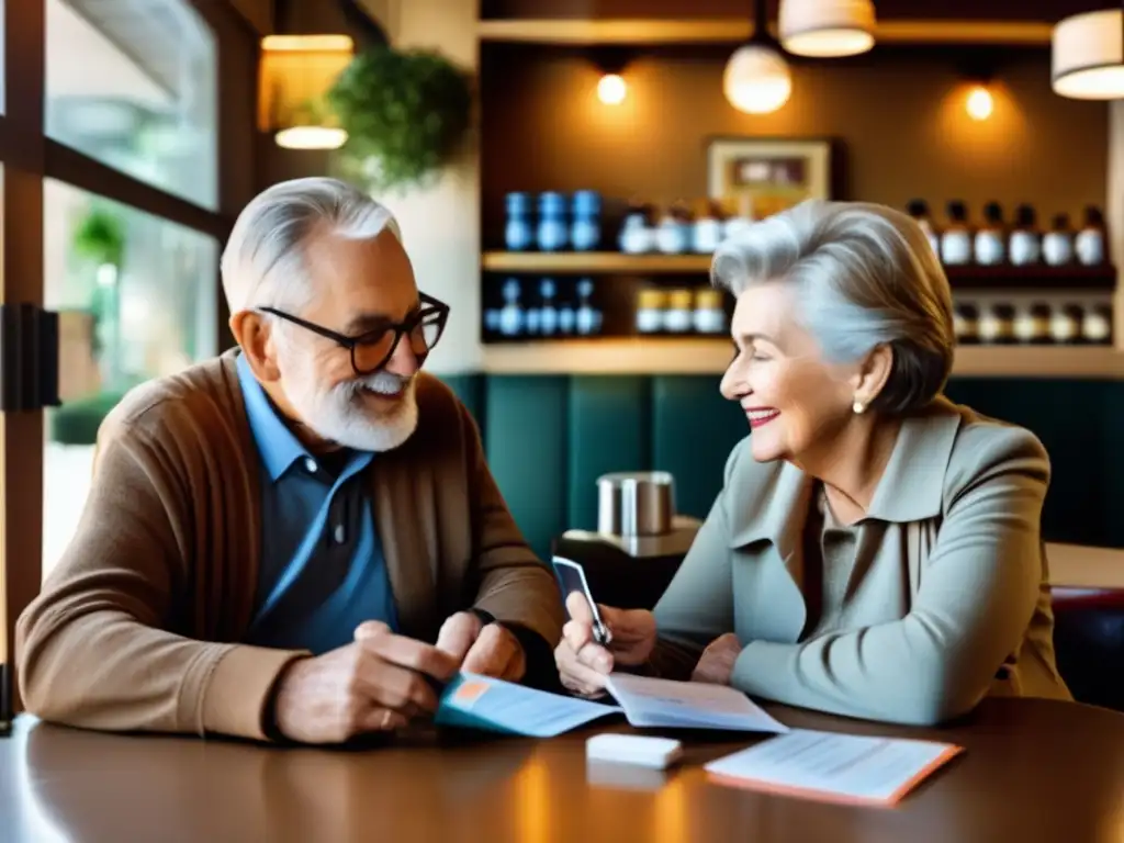 Pareja mayor conversando en café con medicamentos y pasaporte Precauciones medicamentos viajes seniors: pareja mayor en café con medicamentos y brochures de viaje, expresión atenta y preocupada