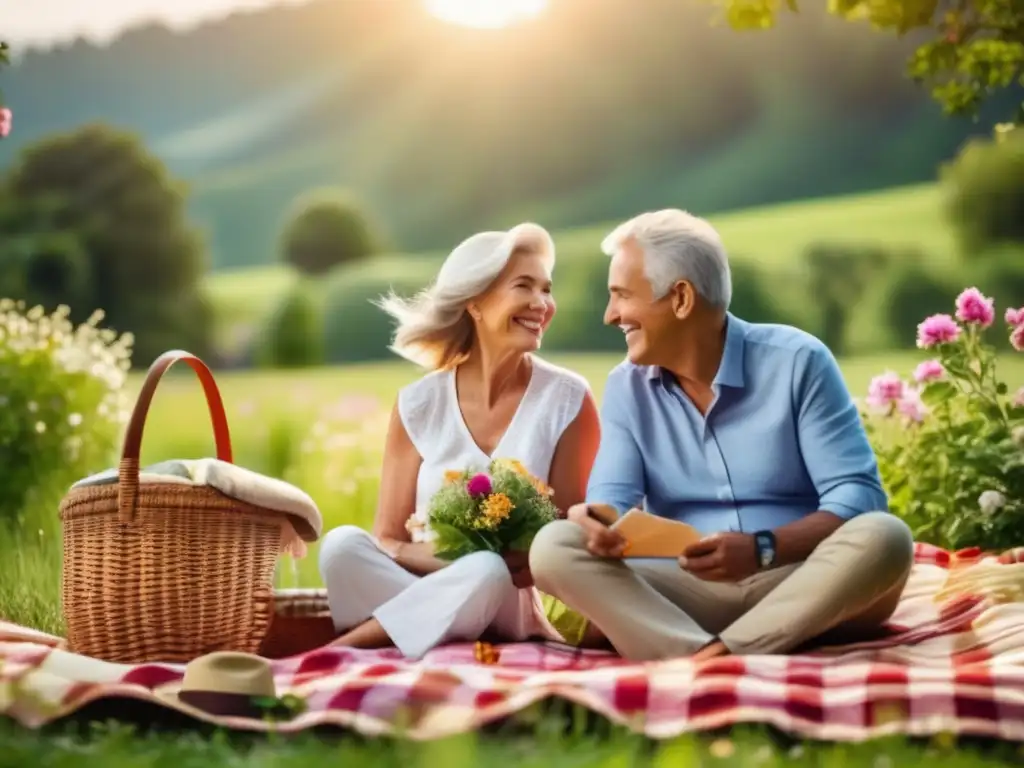 Pareja madura disfrutando de un picnic en un entorno pintoresco Una pareja mayor disfruta de un picnic en un entorno pintoresco, rodeada de naturaleza exuberante y flores