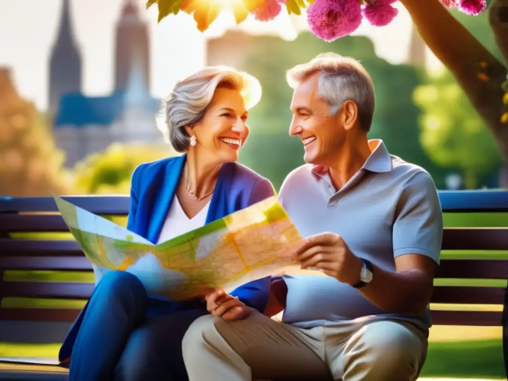 Pareja mayor planificando viaje Consejos documentación viajes seniors: Pareja madura planificando su aventura, sonriendo y señalando un mapa en un banco del parque