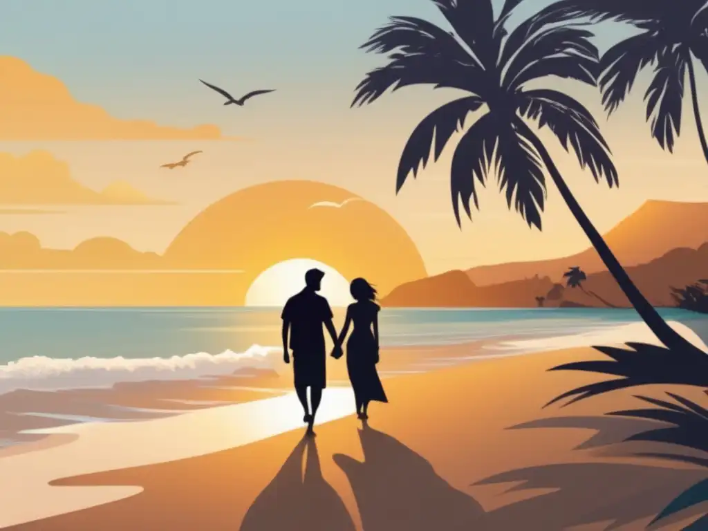 Pareja mayor sonriente en playa al atardecer, transmitiendo alegría y aventura