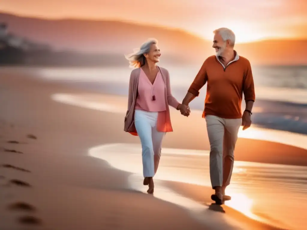 Pareja mayor sonriendo y disfrutando en playa al atardecer - Beneficios seguros viaje mayores
