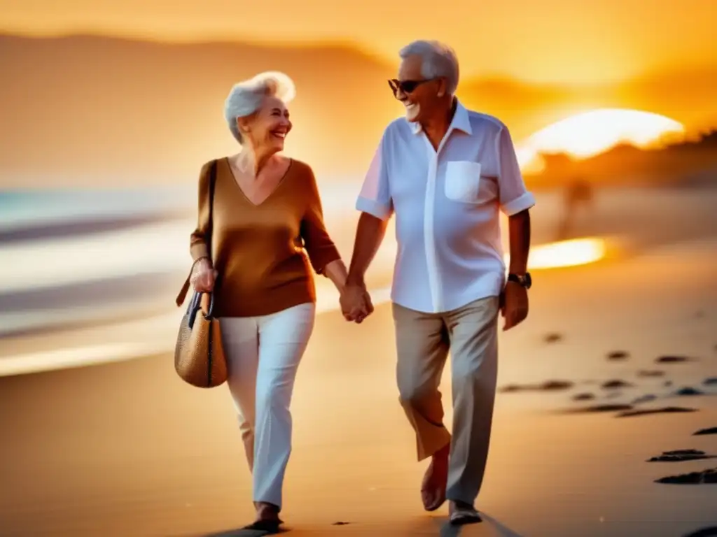 Pareja de ancianos felices caminando en la playa al atardecer Pareja mayor sonriendo en la playa al atardecer