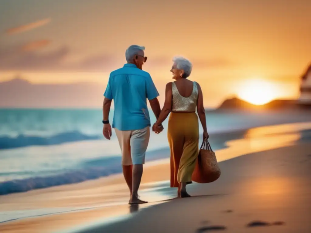 Pareja mayor feliz en playa al atardecer Seguro de viaje para mayores: preguntas frecuentes