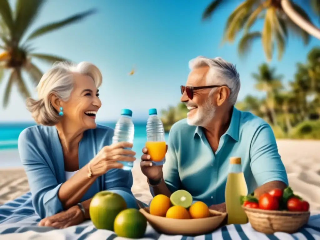 Pareja mayor disfrutando en la playa Pareja senior feliz en la playa, adaptando dieta y cuidado personal en viajes largos