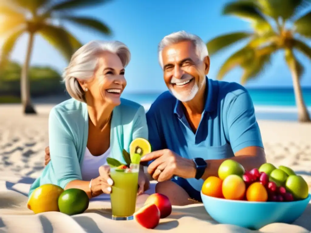 Pareja mayor disfrutando en la playa Pareja senior disfrutando picnic nutritivo en playa paradisíaca - Importancia nutrición viajes seniors