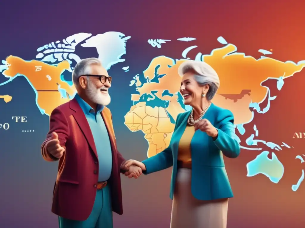 Pareja de ancianos señalando destinos en un mapa mundial Pareja mayor emocionada señalando destinos en mapa mundial, con vestimenta elegante y vibrantes colores cálidos