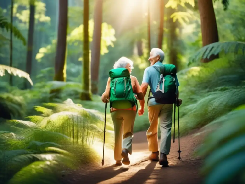 Pareja mayor disfruta de la naturaleza Pareja de adultos mayores disfruta naturaleza con precauciones -