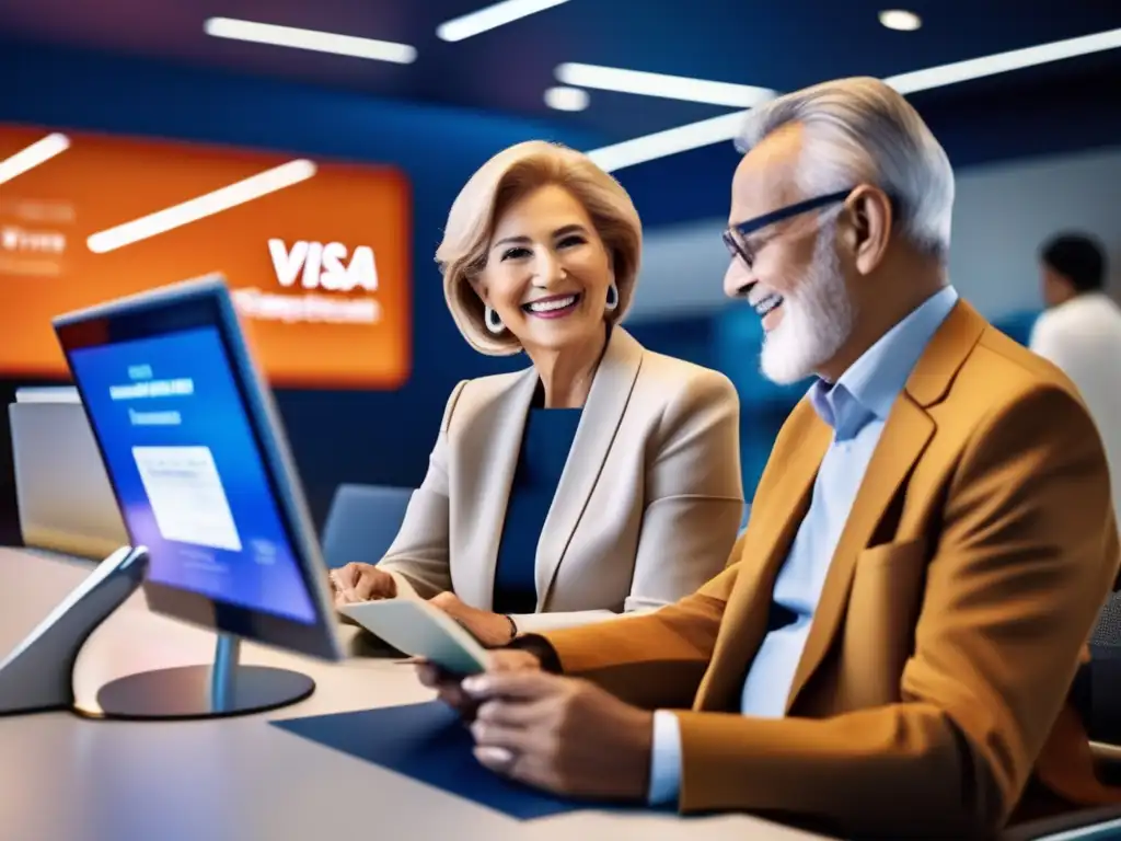 Proceso de visa moderno y eficiente Facilitar proceso solicitud visados seniors: pareja senior en centro futurista de solicitud de visados, con personal multilingüe y tecnología avanzada