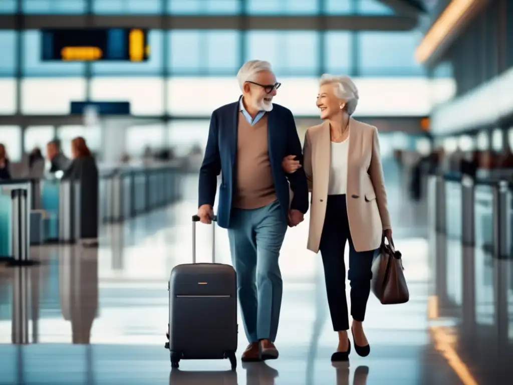 Consejos viaje seguro mayores: Pareja mayor sonriente y segura en aeropuerto moderno, manejando equipaje fácilmente