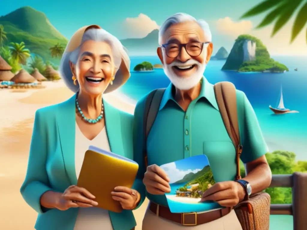 Pareja mayor sonriente lista para viajar Pareja mayor sonriendo en destino turístico - Documentación de viaje para adultos mayores