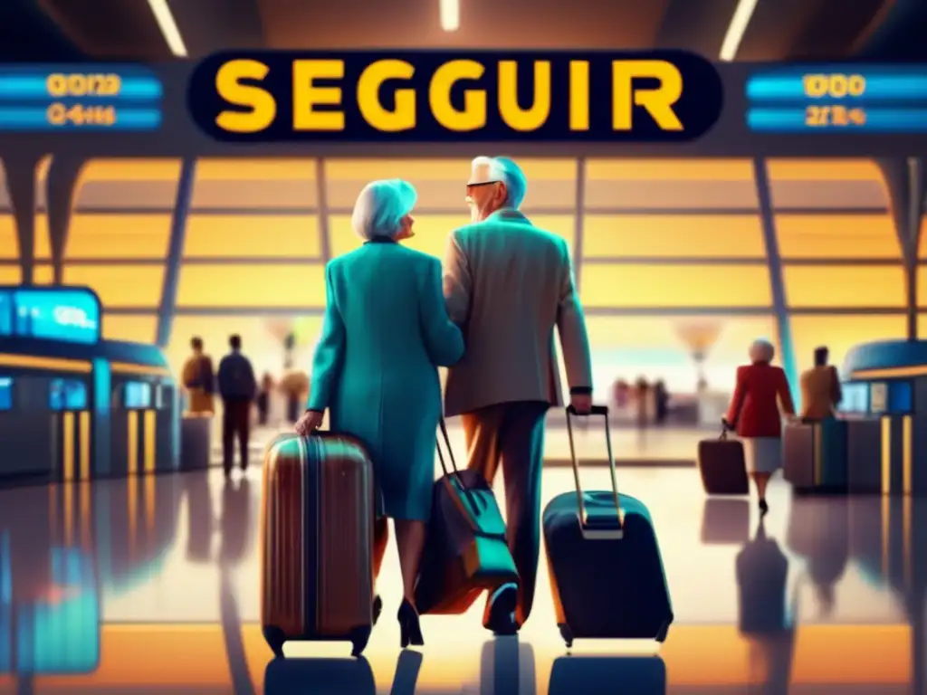 Pareja mayor viajando con seguridad Pareja mayor emocionada en aeropuerto futurista con equipaje, reflejando la seguridad y diversión del seguro de viaje para mayores