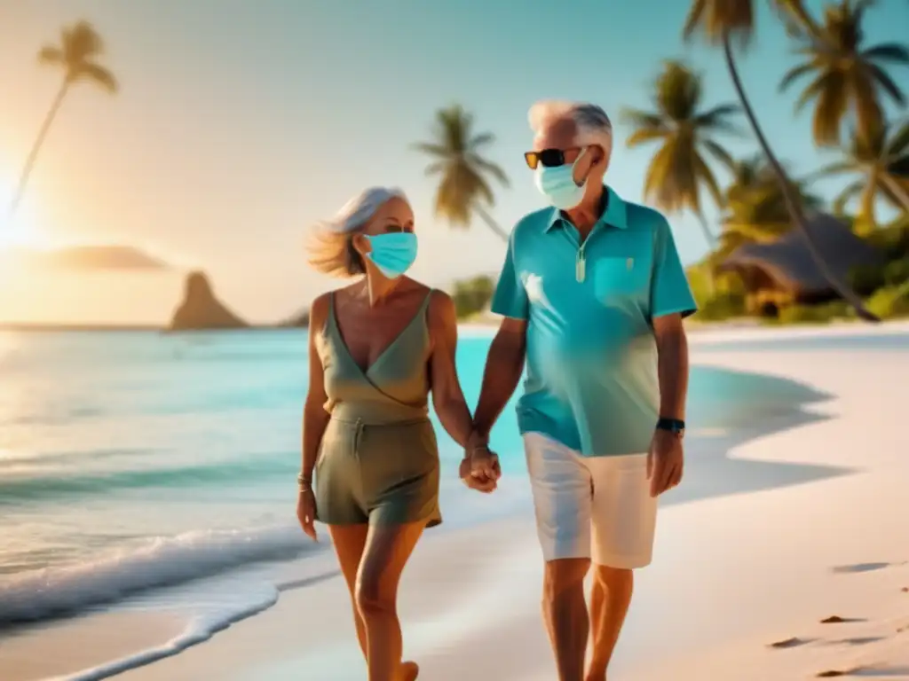 Pareja mayor explorando destino y disfrutando la playa con mascarillas Pareja mayor disfrutando de viaje seguro durante la COVID19