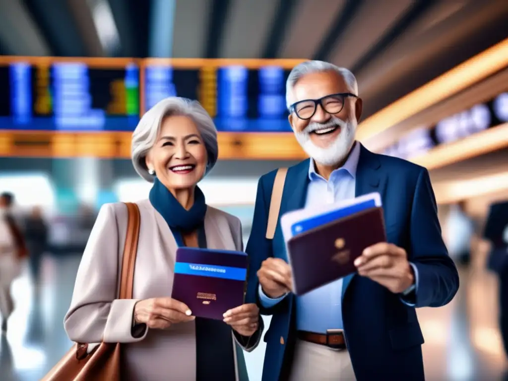 Pareja de adultos sonrientes con pasaportes Pareja de adultos mayores sonriendo y sosteniendo pasaportes en un aeropuerto - Documentación de viaje para adultos mayores