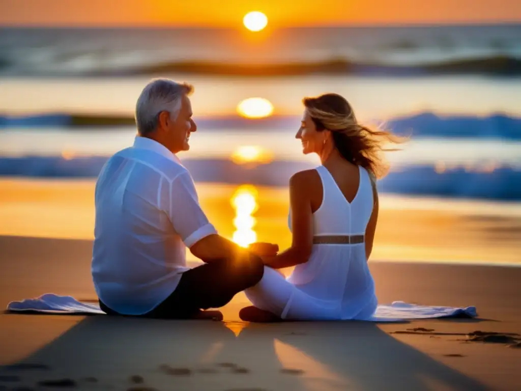 Pareja en meditación en la playa al atardecer Retiro espiritual: pareja mayor en playa al atardecer
