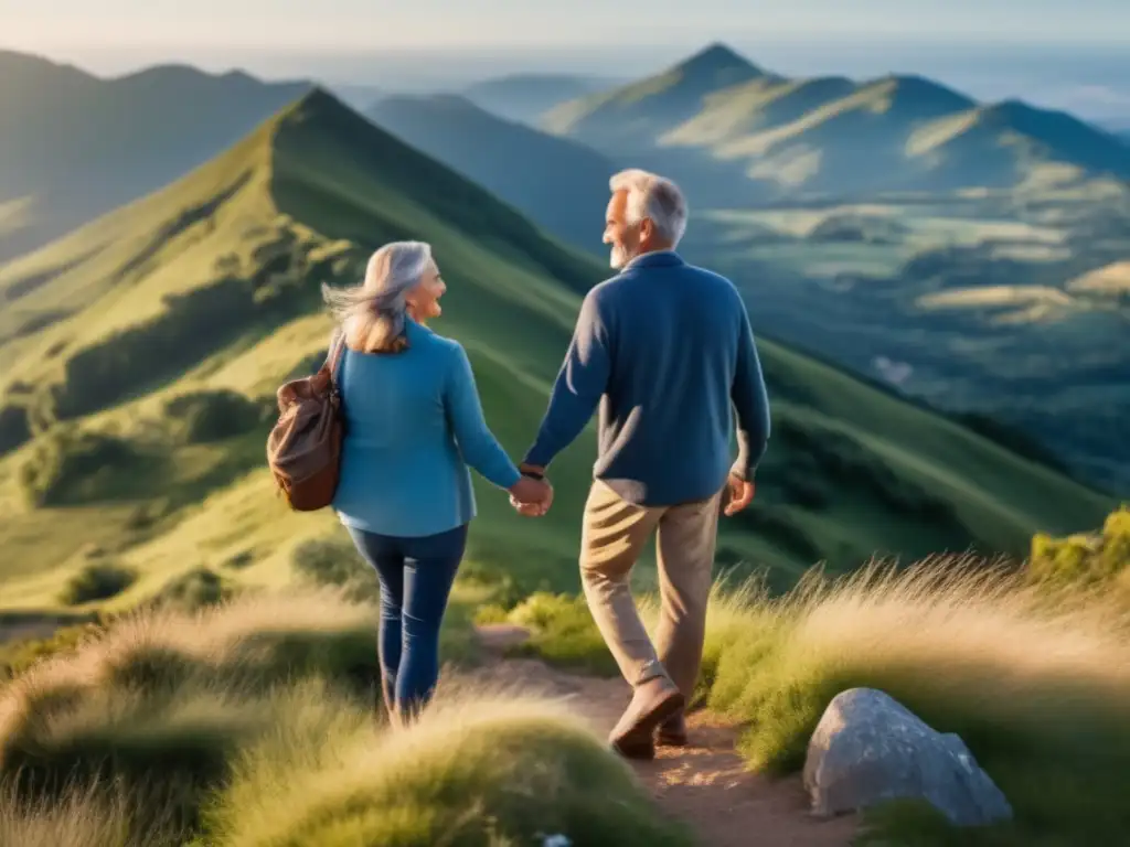 Pareja disfrutando paisaje montañas Pareja madura cultivando mentalidad positiva al viajar