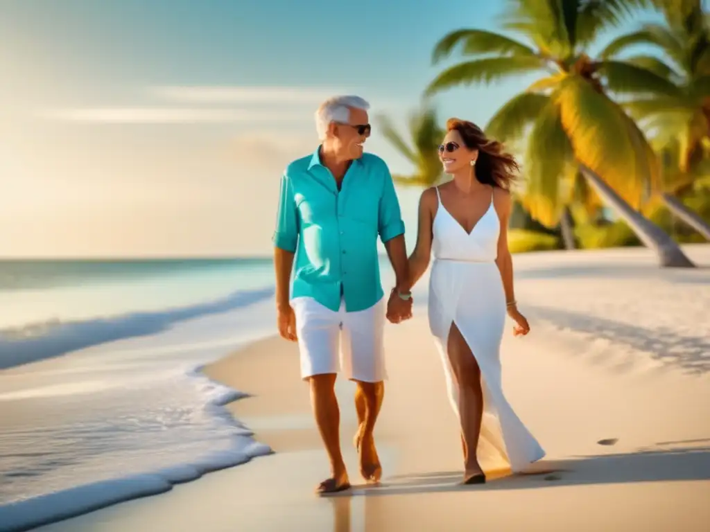 Pareja feliz en playa paradisíaca Pareja madura disfruta de viaje seguro en la playa - Precauciones viajes maduros seguros