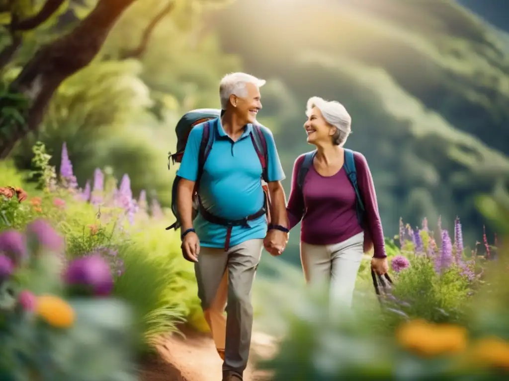 Pareja de ancianos en sendero de montaña Pareja senior en senderismo con dieta equilibrada