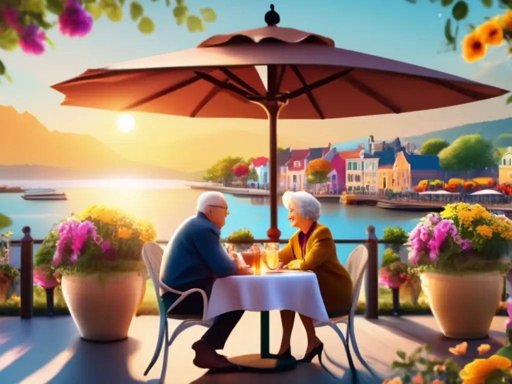 Pareja mayor disfrutando de comida saludable Pareja senior disfrutando de comida saludable en un café con vista al agua - Nutrición adecuada para viajeros seniors