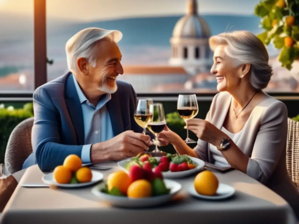 Pareja de ancianos disfrutando de una comida elegante en un café acogedor Pareja de mayores disfrutando una comida en un acogedor café con vista a una ciudad europea