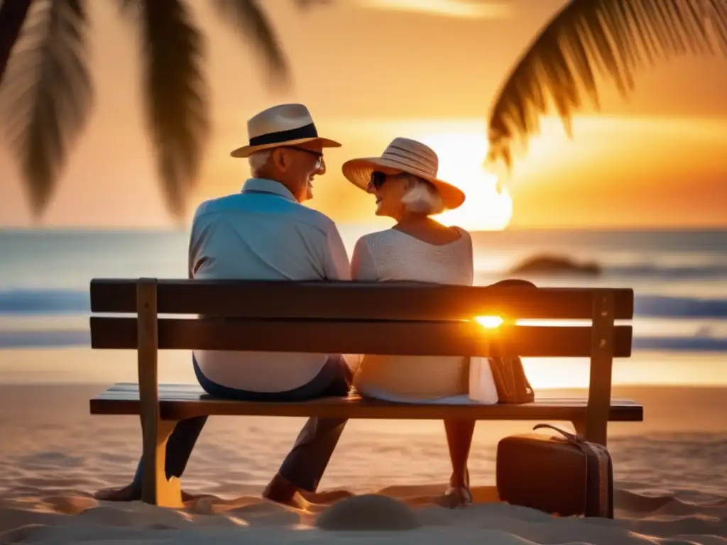 Pareja de ancianos disfrutando del atardecer en la playa Pareja mayor en banco playa, sol poniendo, viaje seguro con medico, palm trees, oceano azul, conversacion feliz - Precauciones viajero senior seguro