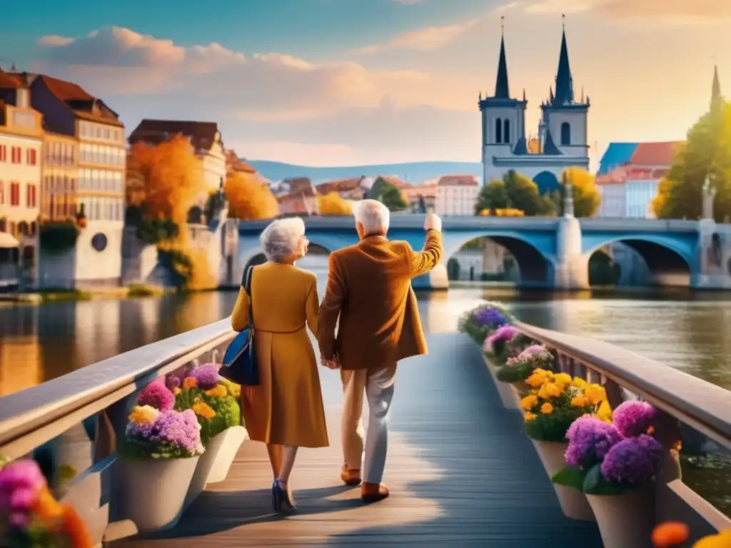 Pareja mayor en puente europeo Pareja senior en puente europeo, explorando Europa - Visados para viajeros seniors