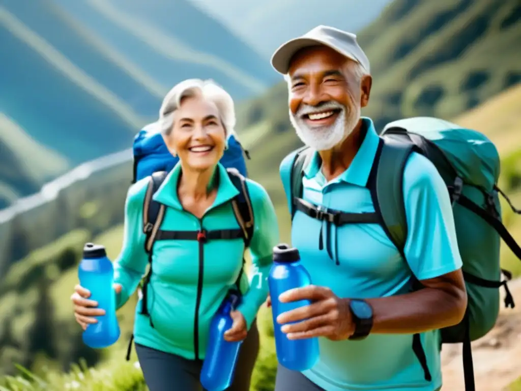 Pareja mayor disfrutando la naturaleza y la aventura Pareja senior activa disfrutando de la naturaleza y promoviendo la nutrición saludable en sus viajes