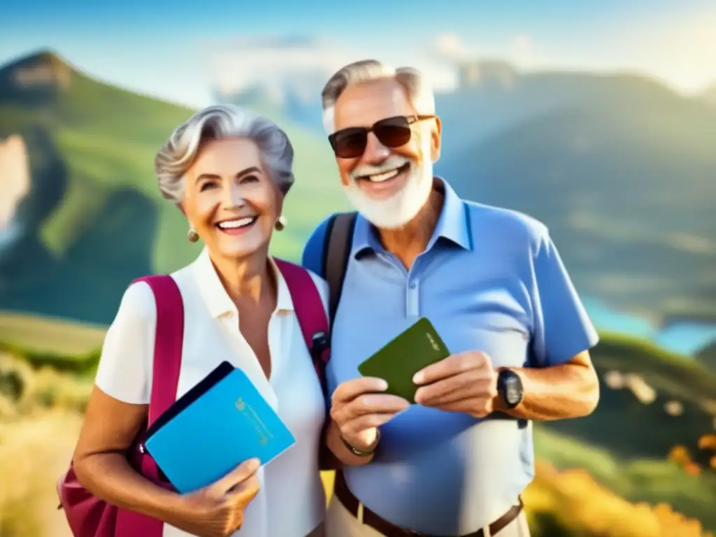 Pareja senior sonriente con pasaportes y paisaje de viaje - Documentación necesaria viajes senior