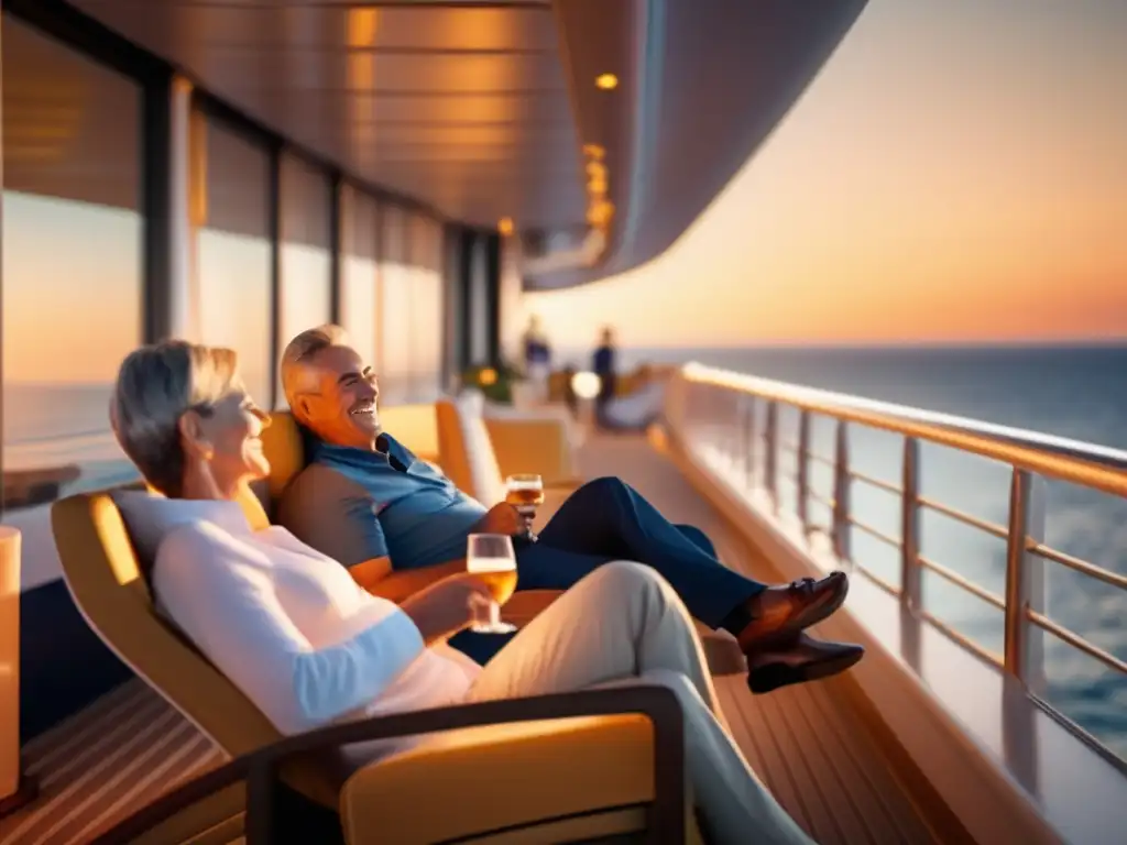 Pareja disfrutando del atardecer en crucero Pareja mayor disfrutando un lujoso crucero al atardecer - Seguro de viaje para adultos mayores