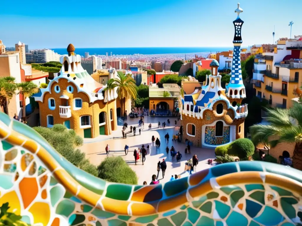 Parque Güell en Barcelona: Terraza mosaico, turistas disfrutando Parque Güell, Barcelona: Destinos turísticos en Barcelona para adultos mayores