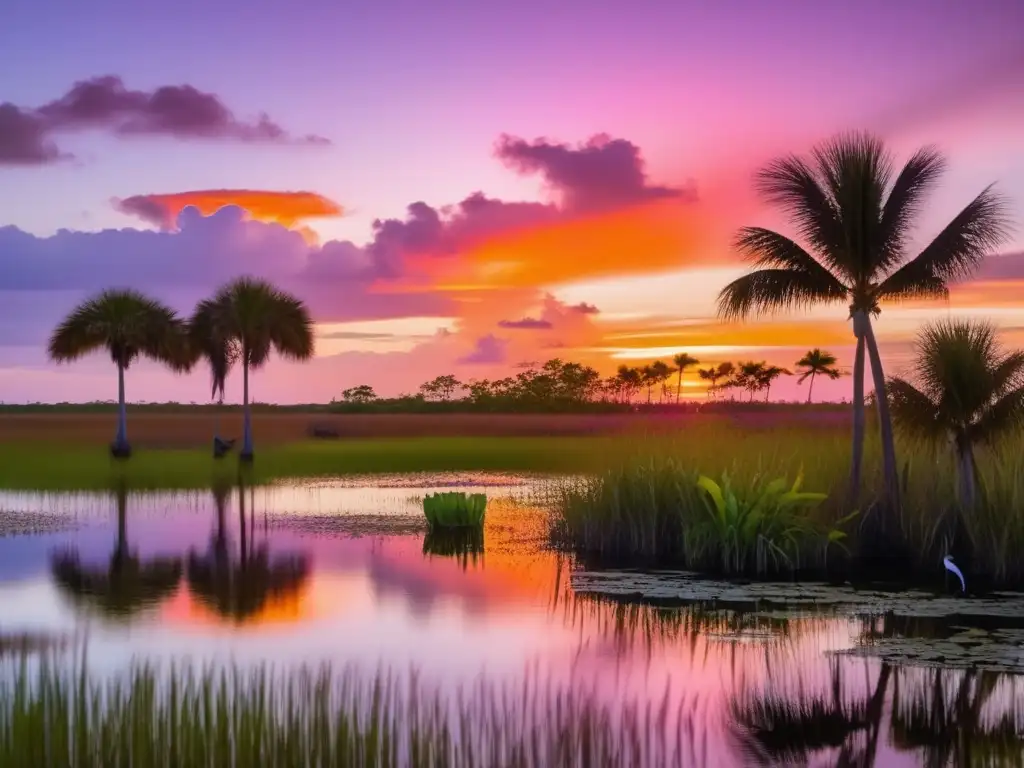 Atardecer en el Parque Nacional de los Everglades Parque Nacional Everglades al atardecer: Belleza única del ecosistema con familia de garzas, biodiversidad exuberante y paisajes impresionantes