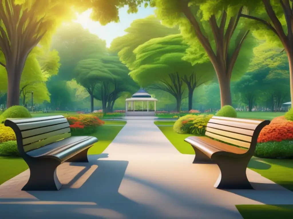 Parque sereno y seguro en ciudad norteamericana Parque seguro en ciudad norteamericana: caminata serena, árboles, flores, bancos, viajeros seniors, tranquilidad, desarrollo (110 caracteres)