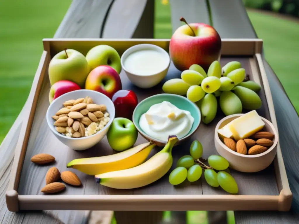 Alimentos saludables para viajeros seniors Alimentos saludables para viajeros senior en un parque tranquilo con una mesa de picnic y una variedad de snacks y lácteos