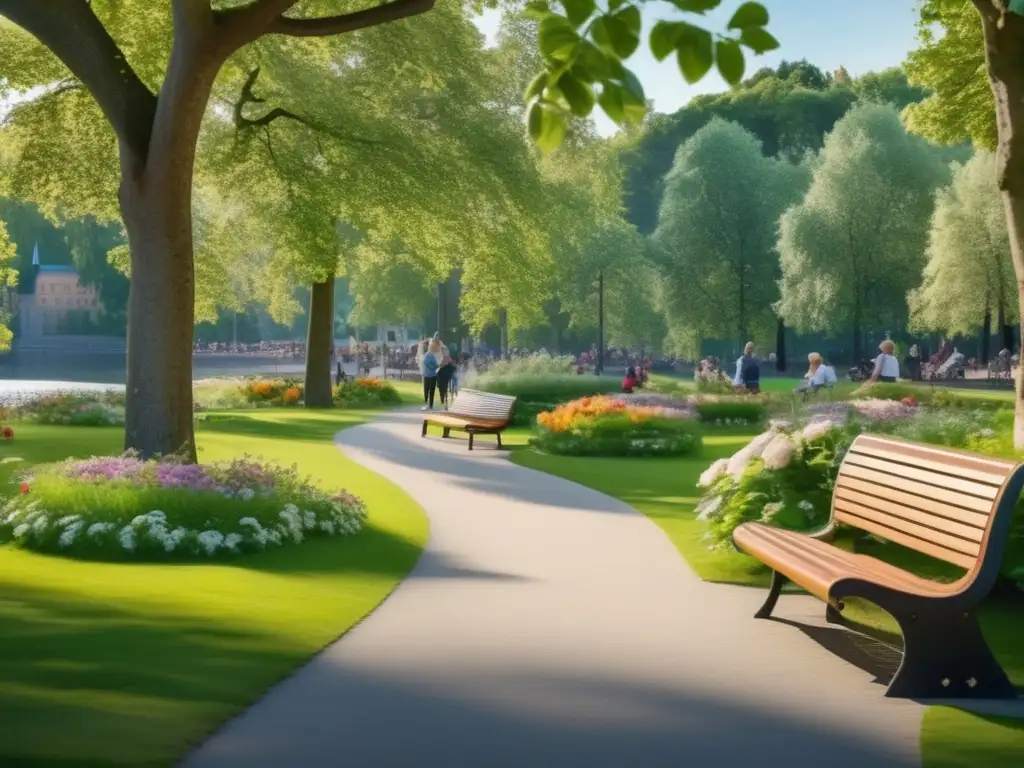 Parque sereno en Estocolmo: Turistas disfrutando de tranquilidad Aventuras seguras para turistas maduros en Estocolmo disfrutando de un parque sereno con naturaleza exuberante y ambiente acogedor