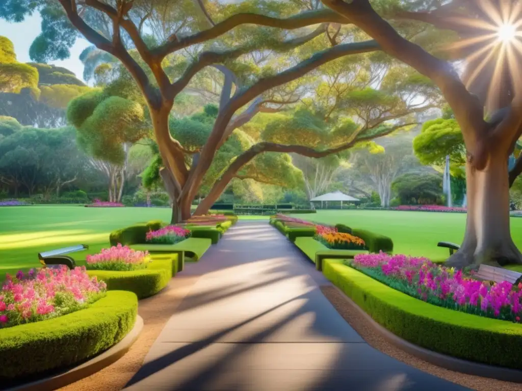 Parque sereno en Sydney, Australia Recorriendo Sidney con tranquilidad - Parque sereno rodeado de árboles altos y flores coloridas, con la Ópera de Sydney de fondo