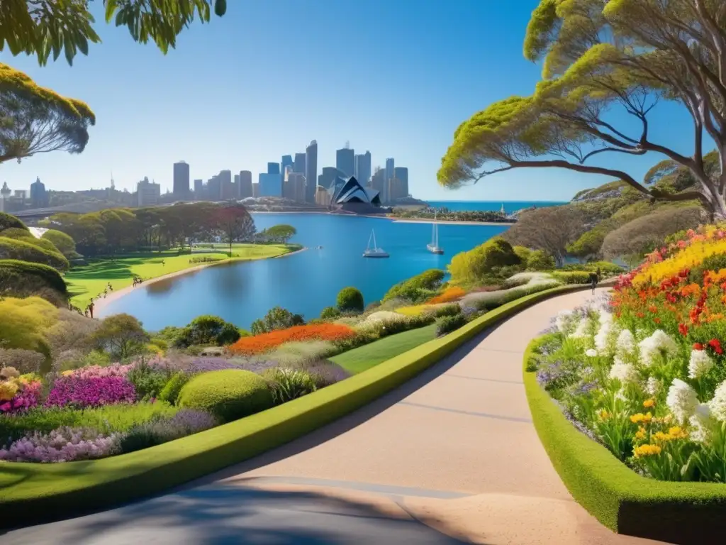 Parque sereno en Sydney, Australia Parque sereno en Sydney con flores vibrantes, lago y emblemáticos lugares turísticos
