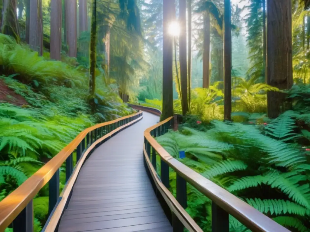 Wooden boardwalk accesible en bosque de Vancouver Destinos accesibles: Boardwalk en Vancouver, Canadá rodeado de naturaleza exuberante y montañas majestuosas