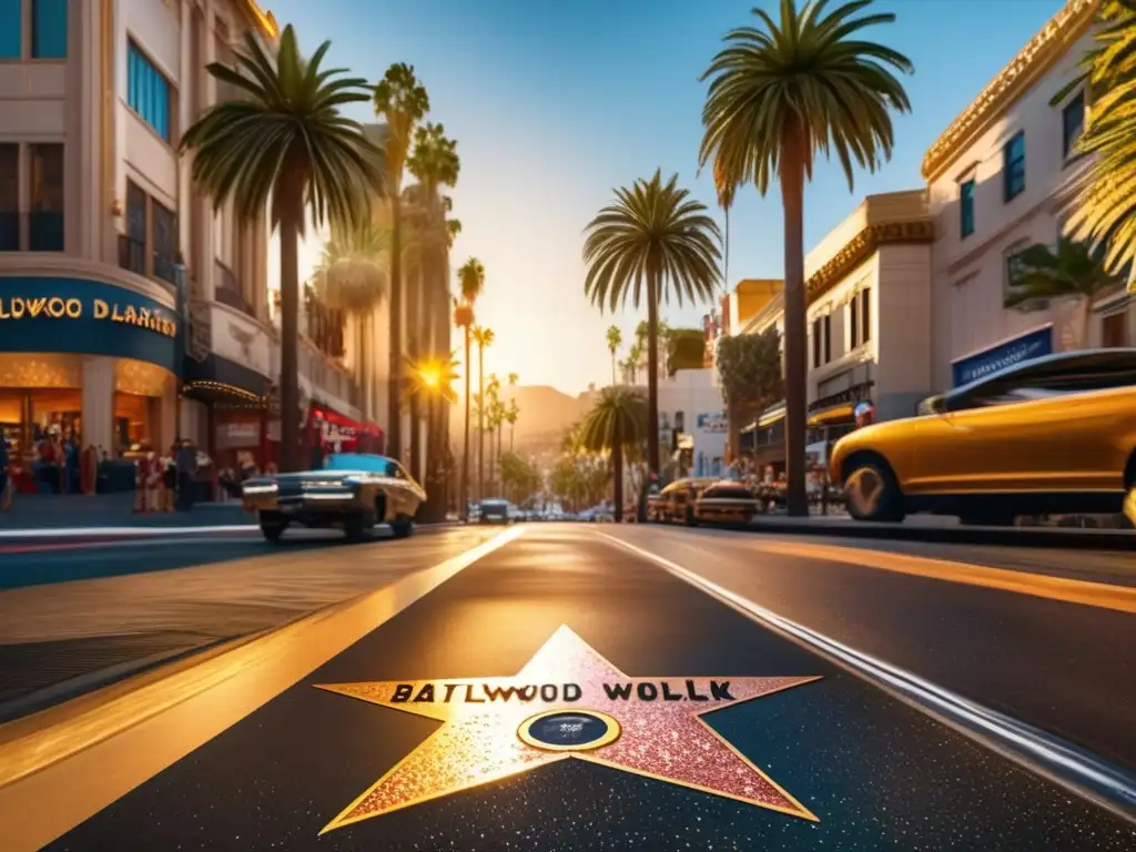 Paseo de la Fama de Hollywood en 8k Viaje cultural en Hollywood para seniors: Caminata en la icónica Hollywood Walk of Fame, bañada en luz dorada, con palmeras y estrellas en la acera que representan leyendas de Hollywood