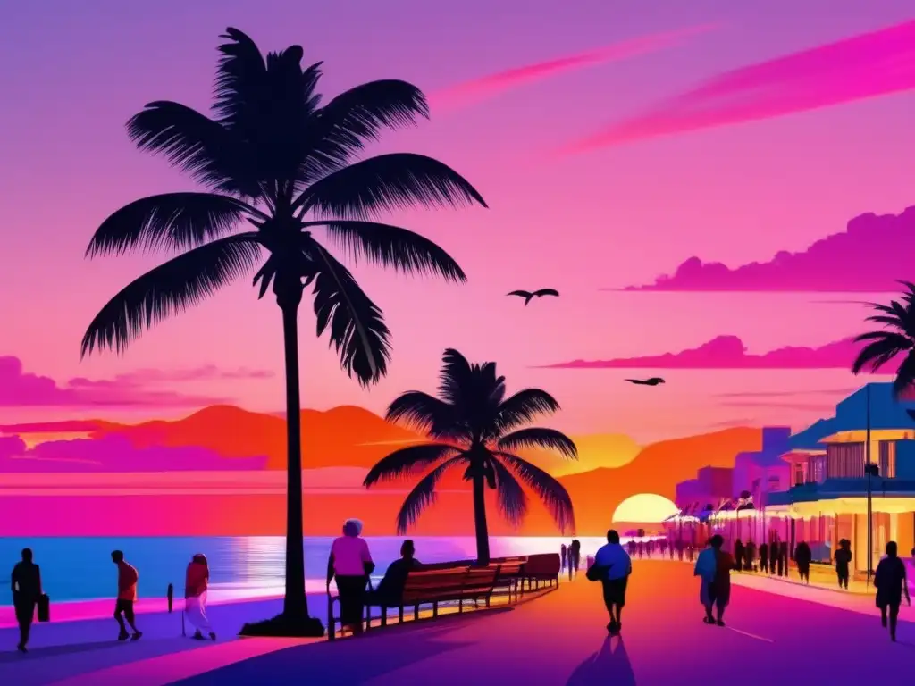 Paseo relajante en Miami para adultos mayores Escena vibrante de atardecer en Miami, adultos mayores disfrutan paseo en Ocean Drive - Experiencias de viaje en Miami para adultos mayores