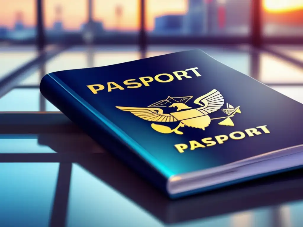 Pasaporte moderno con sellos de visa y aeropuerto futurista Imagen: Solicitud de visado simplificada viaje