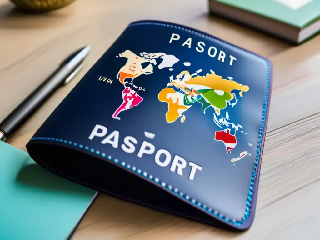 Pasaporte con sellos de visas coloridos Pasaporte con cubierta de mapa mundial y visados de diferentes países: Documentos y visados para viajes